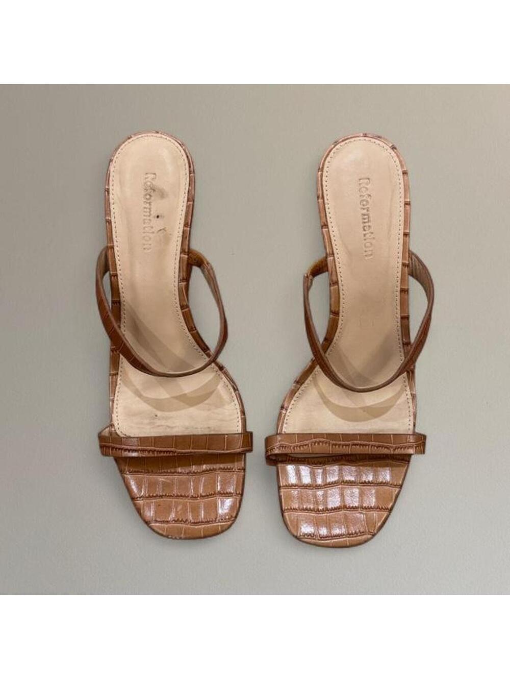 Reformation snake skin sandal wedges.